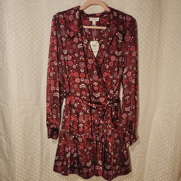 ON 34th Dresses & Skirts - Floral Wrap Dress Red and Pink Silky Eco Friendly Recycled Fabric Fall Workwear